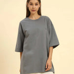 Oversized French terry t-shirt for women in dark grey, featuring a relaxed fit and embroidered logo.