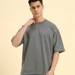 Aeternum Men's Oversized French Terry Crew Neck T-Shirt in Dark Grey - Front view showing the relaxed, contemporary fit.