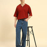 Oversized Cotton Slub V-Neck T-Shirt | Red | Men