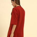 Oversized Cotton Slub V-Neck T-Shirt | Red | Woman
