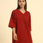 Oversized Cotton Slub V-Neck T-Shirt | Red | Woman