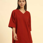 Aeternum Women's Oversized Cotton Slub V-Neck T-Shirt in Red - Front view showing the relaxed drape and V-neckline.