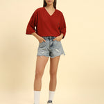 Oversized Cotton Slub V-Neck T-Shirt | Red | Woman