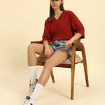 Oversized Cotton Slub V-Neck T-Shirt | Red | Woman