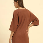 Oversized Waffle Knit Round Neck T-Shirt | Coffee Brown | Woman, back view showcasing relaxed fit and texture.