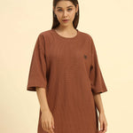 Oversized Waffle Knit Round Neck T-Shirt | Coffee Brown | Woman, relaxed fit T-shirt in rich coffee brown.