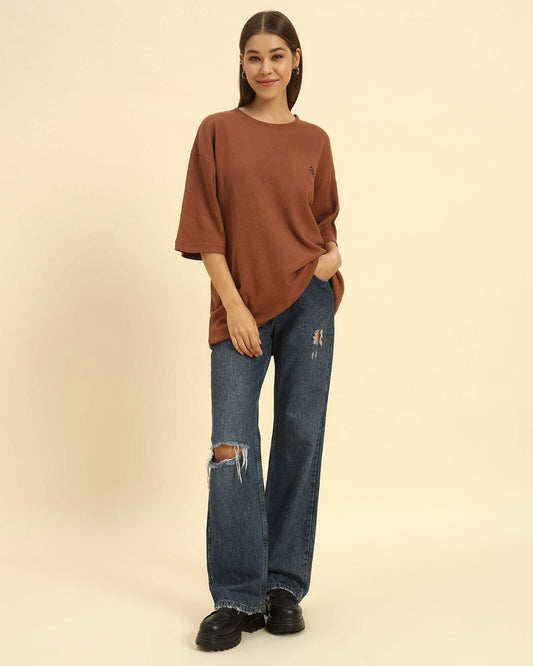 Oversized Waffle Knit Round Neck T-Shirt | Coffee Brown | Woman worn with ripped jeans on model.