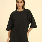 Aeternum Women's Oversized Jacquard Round Neck T-Shirt in Dark Green - Front view showing the relaxed fit and subtle jacquard texture