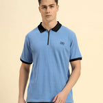 Aeternum Men's Premium Classic Fit Rib Knit Polo in Sky Blue - Front view showing the textured vertical rib knit and tailored fit.