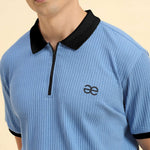 Close-up of the contrasting collar and intricate rib knit pattern on the Aeternum Men's Sky Blue Polo.