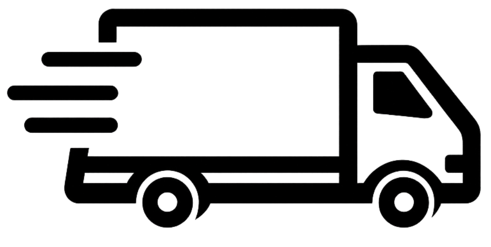 Black icon of a delivery truck with speed lines on a white background