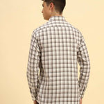 Back view of the White & Brown Aeternum Men's Checked Cotton Shirt demonstrating the clean shoulder line and structured fit