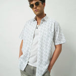 Relaxed Fit Heritage Print 100% Cotton Half Sleeve Shirt | Ivory Green