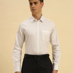 Three-quarter profile of the Men's White Aeternum Supima Cotton Shirt highlighting the refined tailored fit