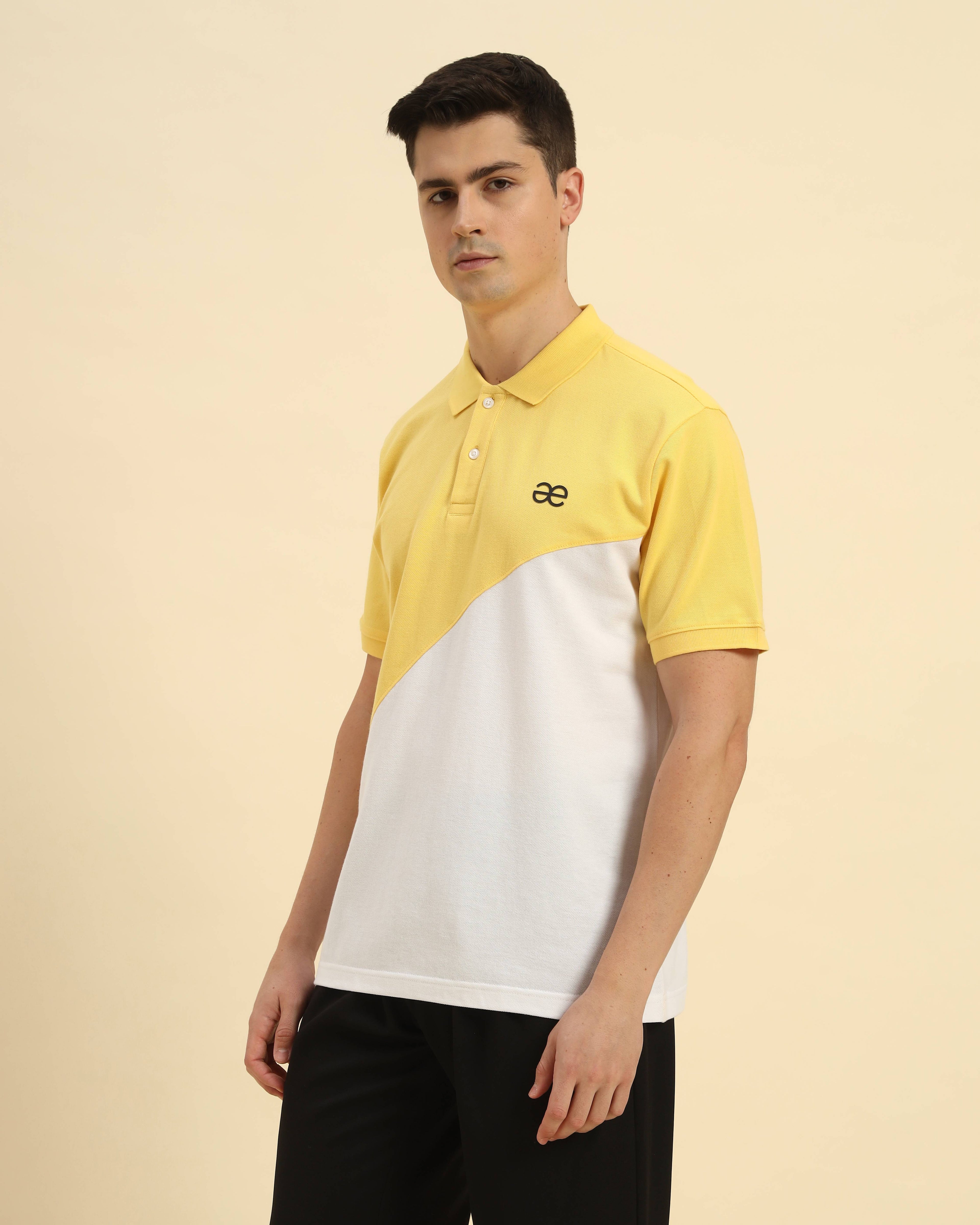 Dynamic view of the Men's Aeternum Premium Classic Fit Cotton Polo in Yellow & White, showcasing its comfortable, tailored drape.