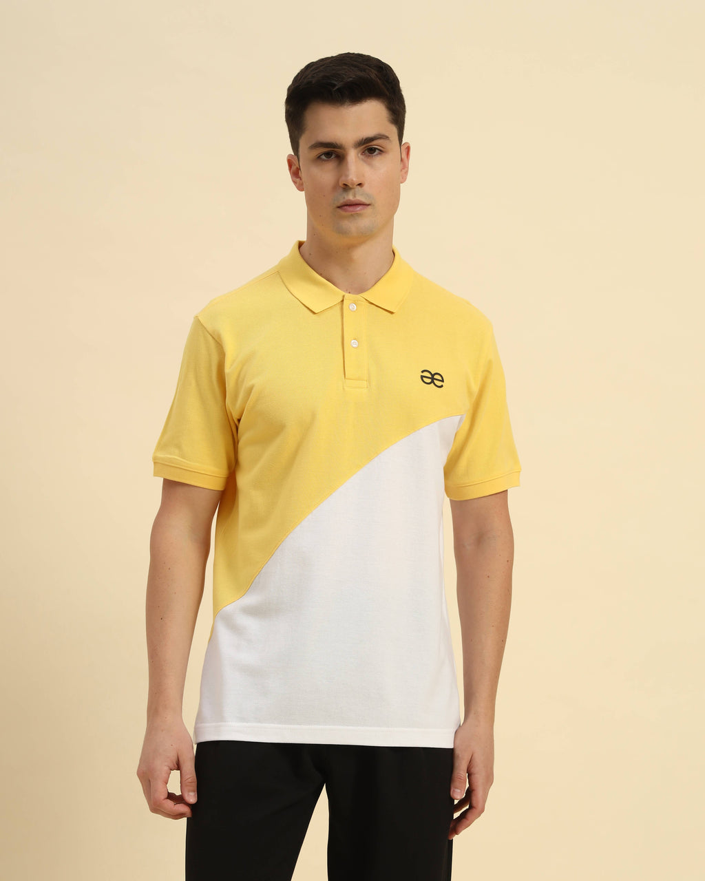 Aeternum Premium Classic Fit Cotton Polo in Yellow & White - Front view showing the vibrant color-block design and tailored fit.