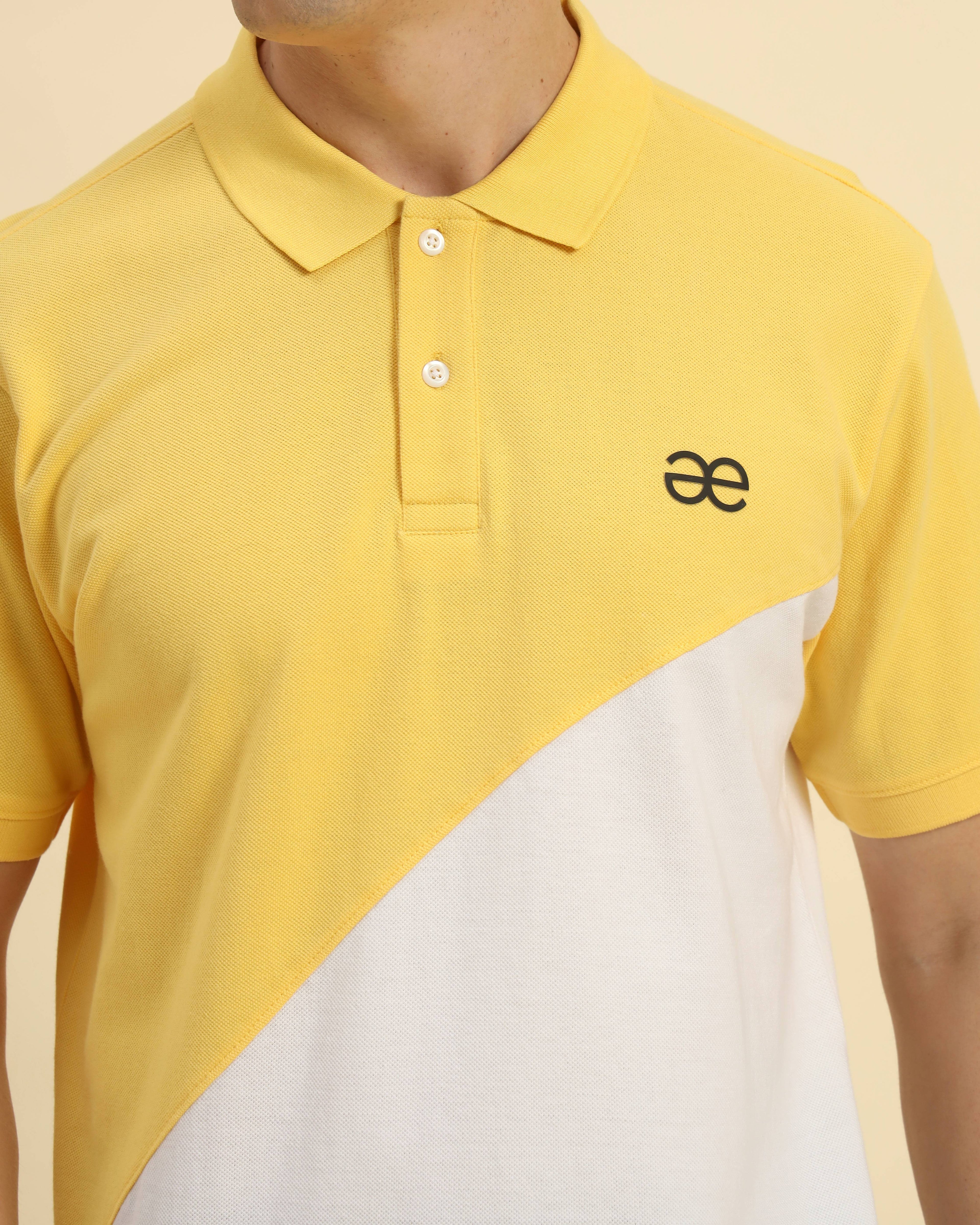 Close-up of the collar and button placket on the Aeternum Men's Yellow & White Cotton Polo, featuring the breathable piqué texture.