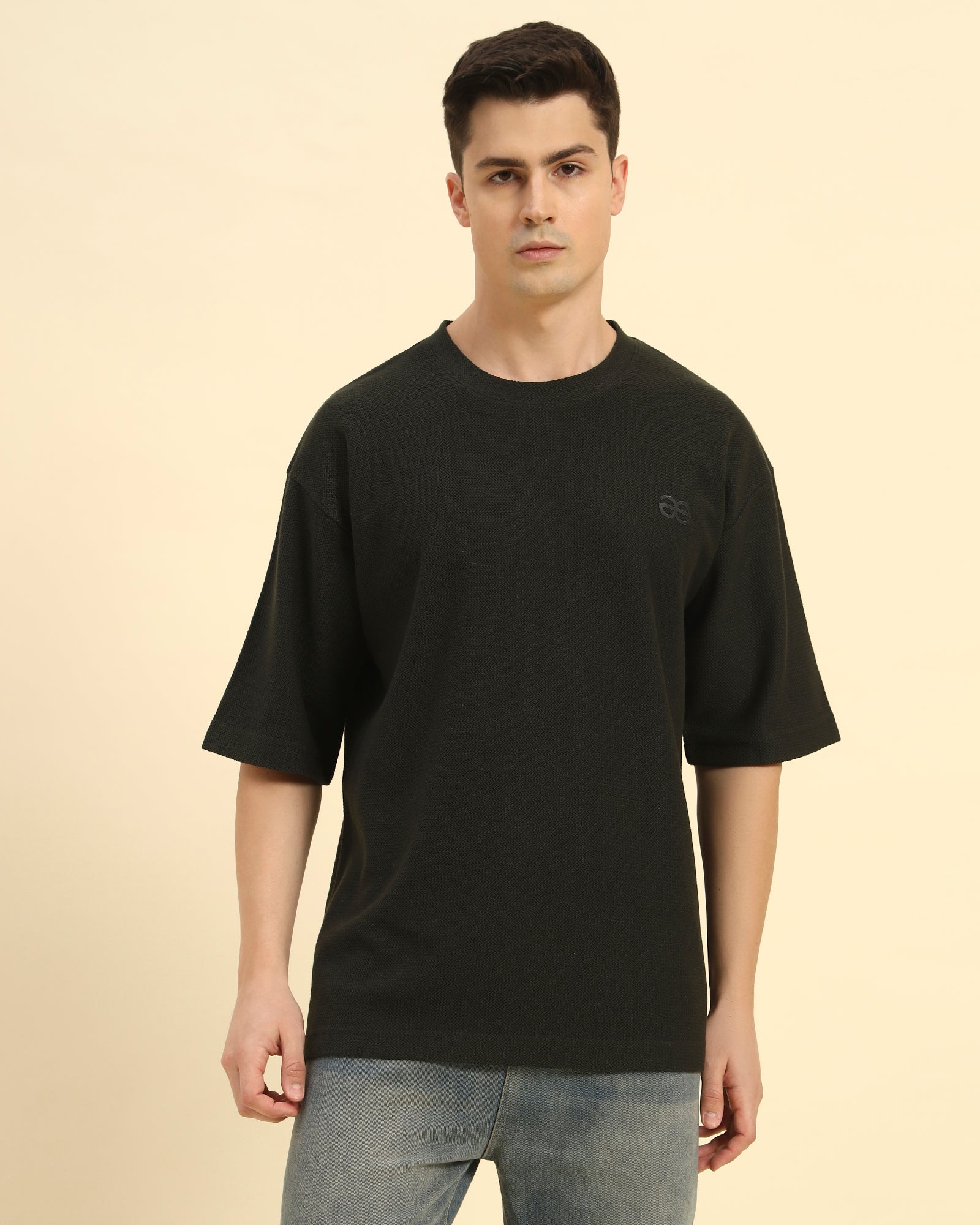 Oversized Jacquard Round Neck T-Shirt | Dark Green | Men