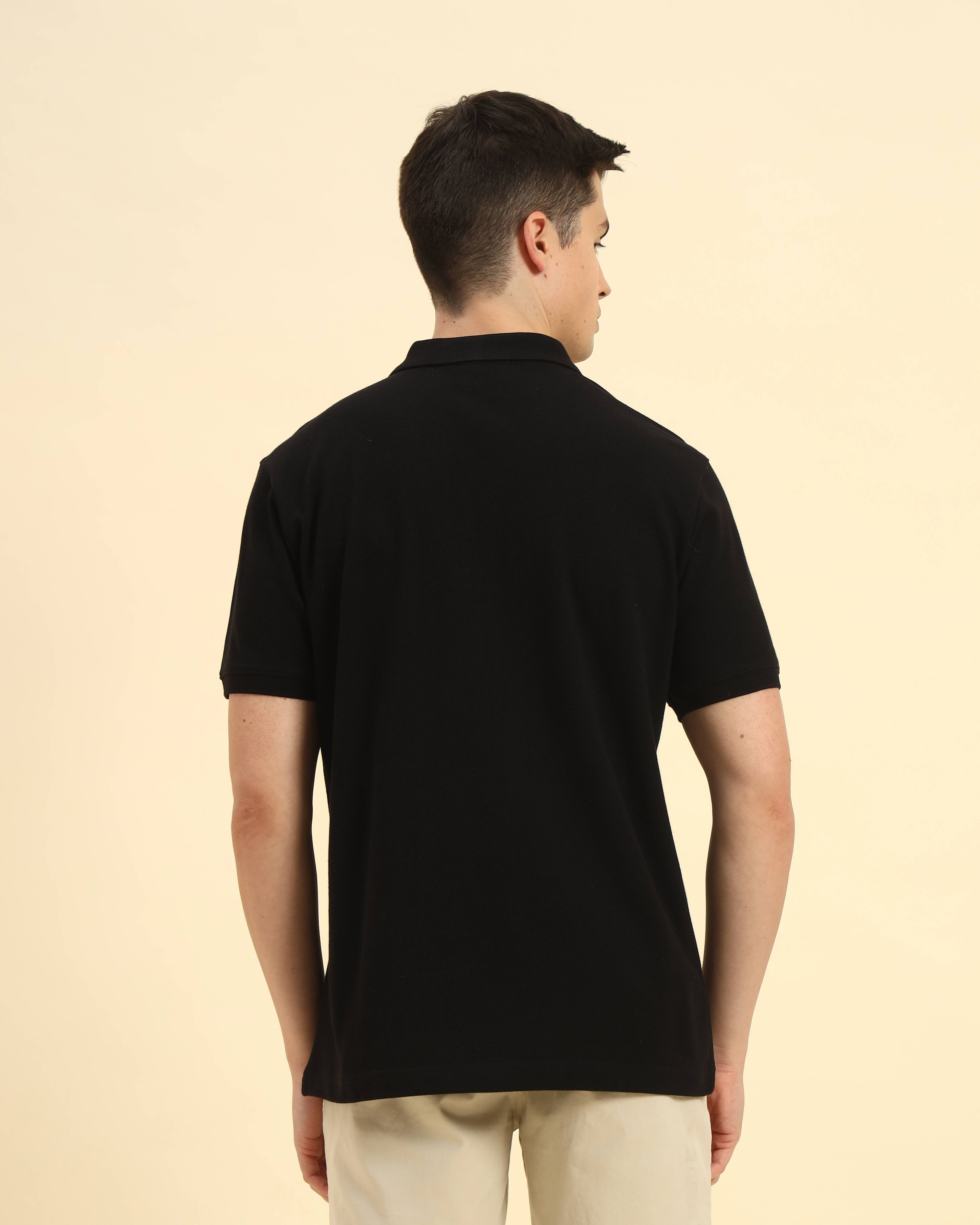 Back view of the Aeternum Men's Black Cotton Polo highlighting the clean, classic shoulder construction
