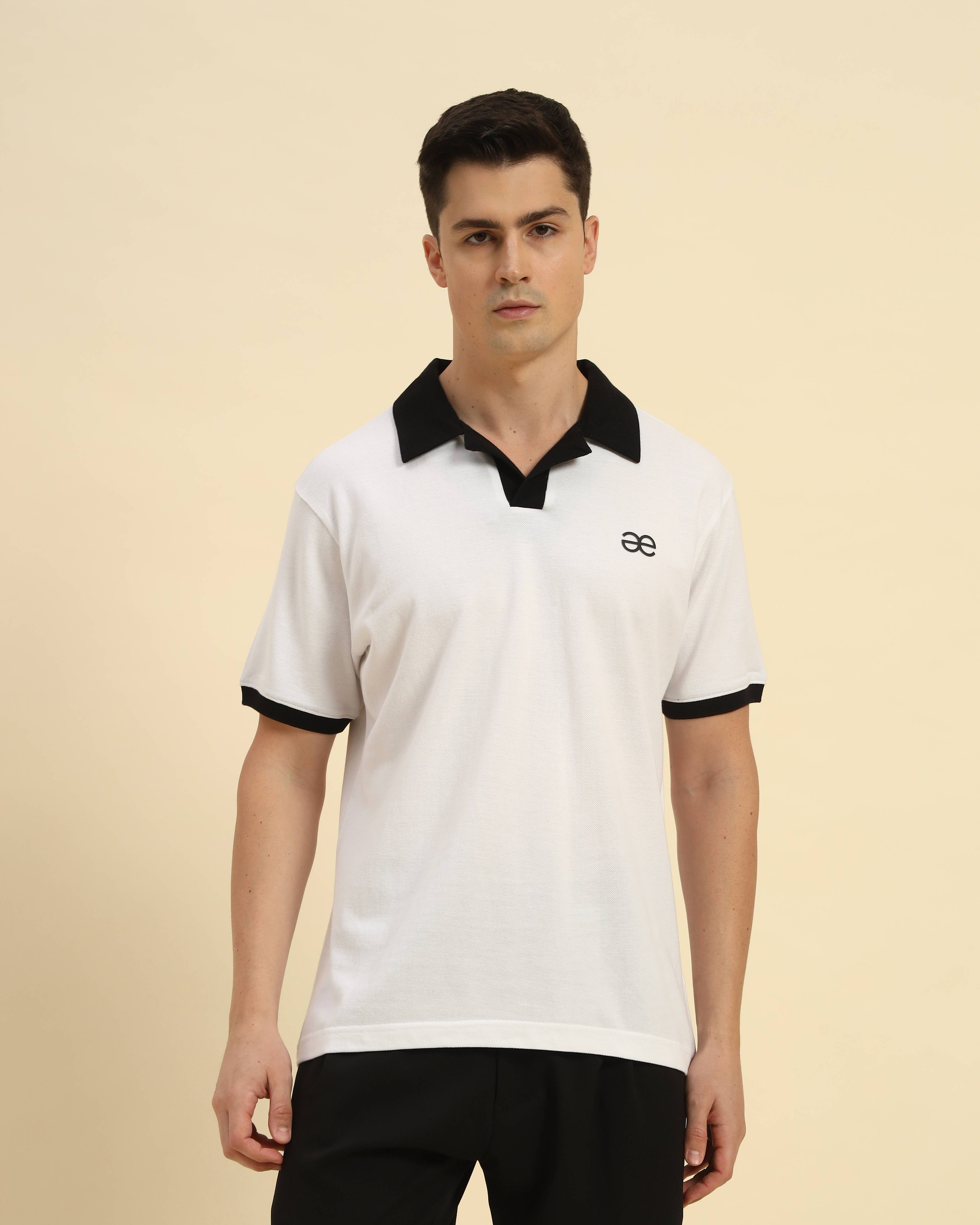 Aeternum Premium Classic Fit Men’s Cotton Polo in White - Front view showing the clean tailored silhouette.