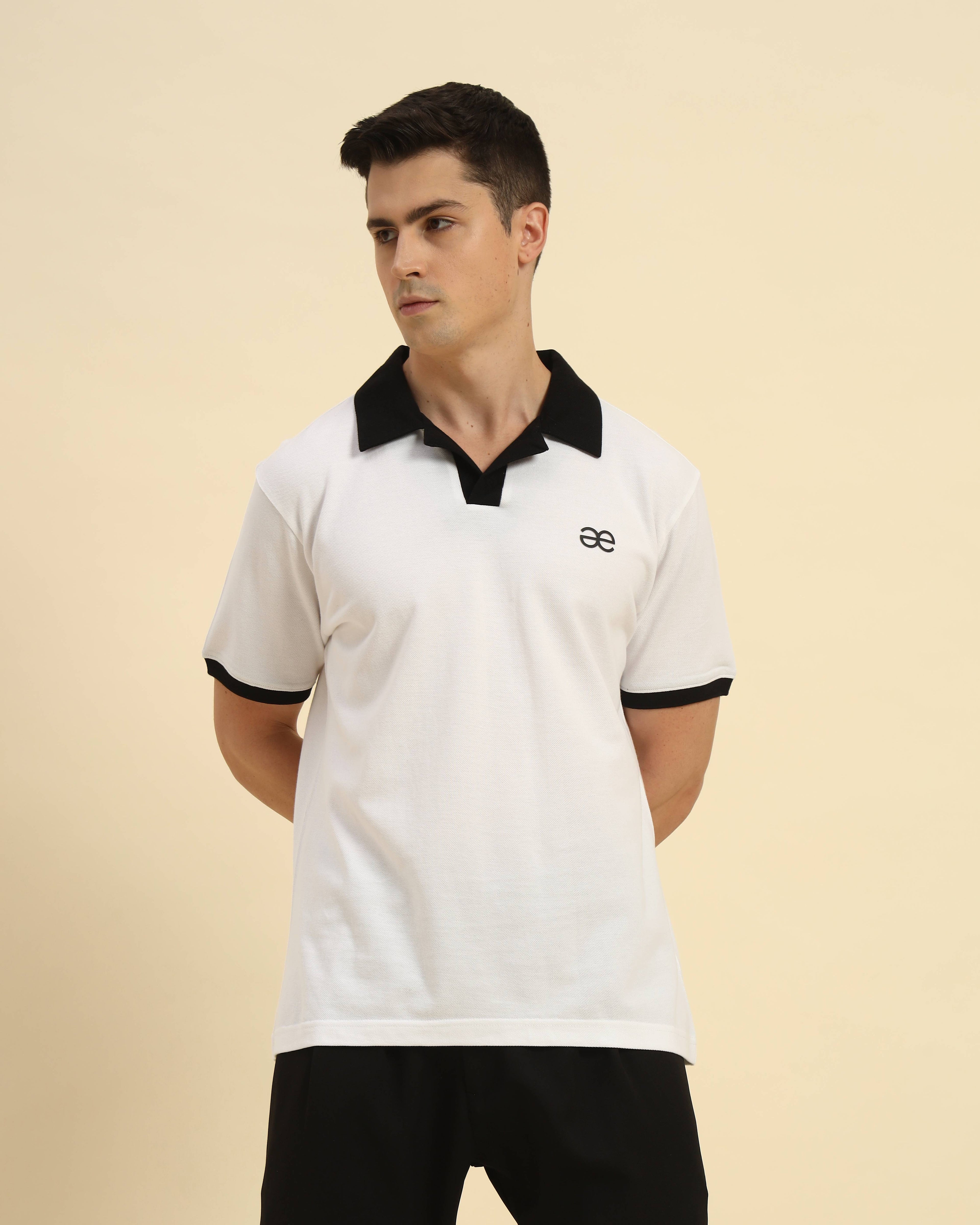 Front view of the White Premium Classic Fit Cotton Polo on model, demonstrating a sophisticated casual look