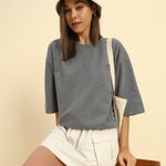 AE Oversized French Terry Crew Neck T-Shirt | Dark Grey | Woman