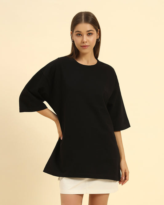 AE Oversized French Terry Crew Neck T-Shirt | Black | Woman