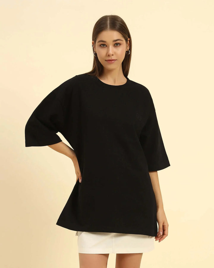 AE Oversized French Terry Crew Neck T-Shirt | Black | Woman