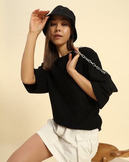 AE Oversized French Terry Crew Neck T-Shirt | Black | Woman