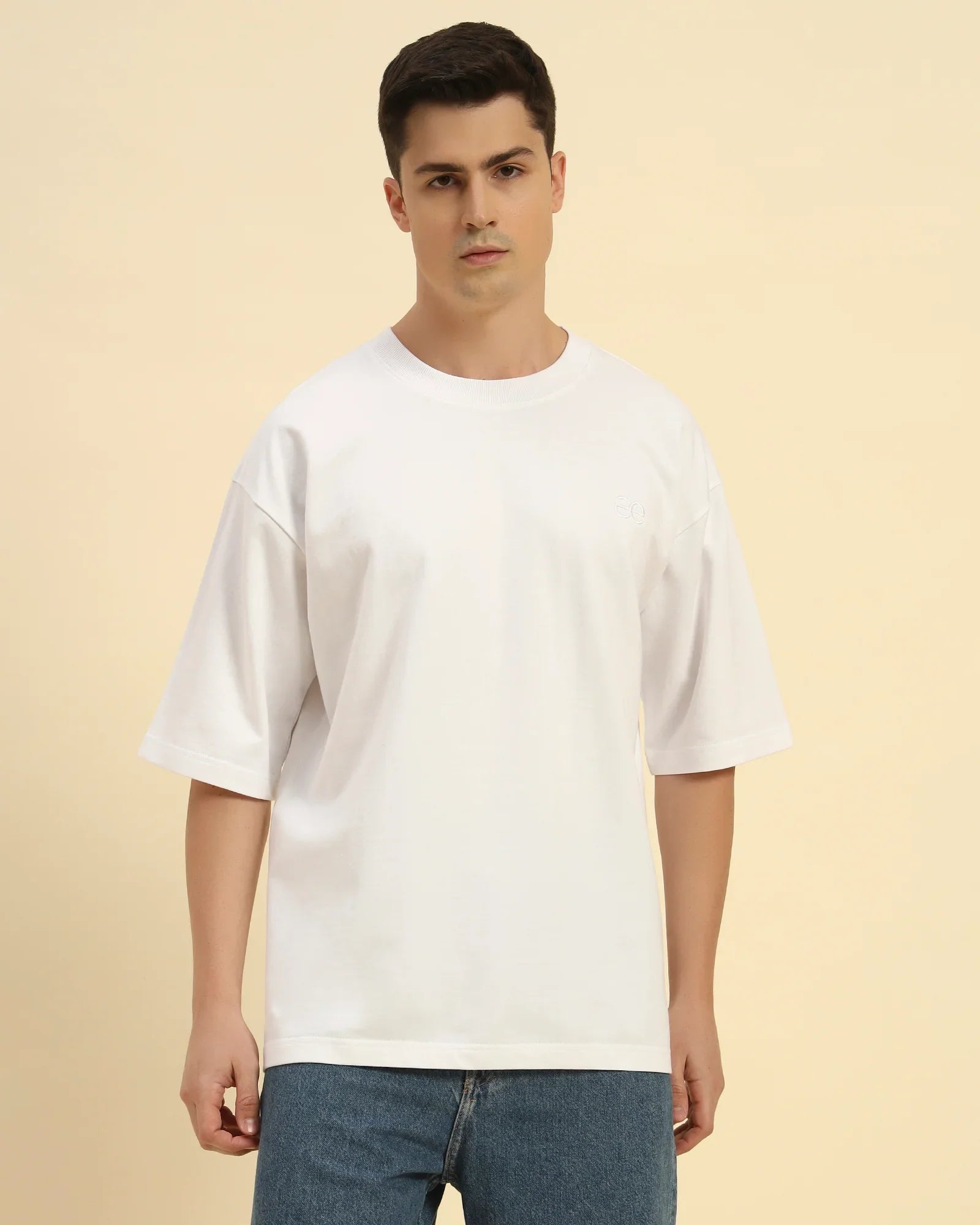 Aeternum Men's Oversized French Terry Crew Neck T-Shirt in White - Front view showing the clean, boxy silhouette.