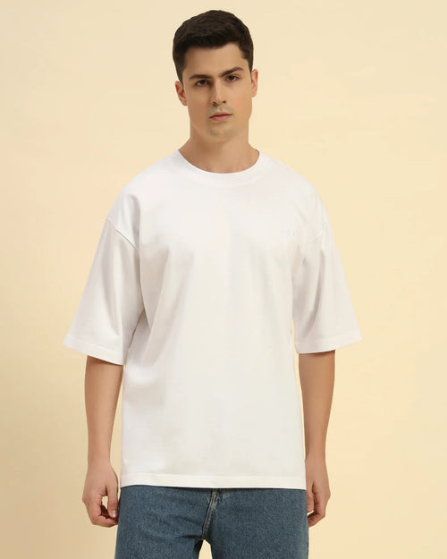 Aeternum Men's Oversized French Terry Crew Neck T-Shirt in White - Front view showing the clean, boxy silhouette.
