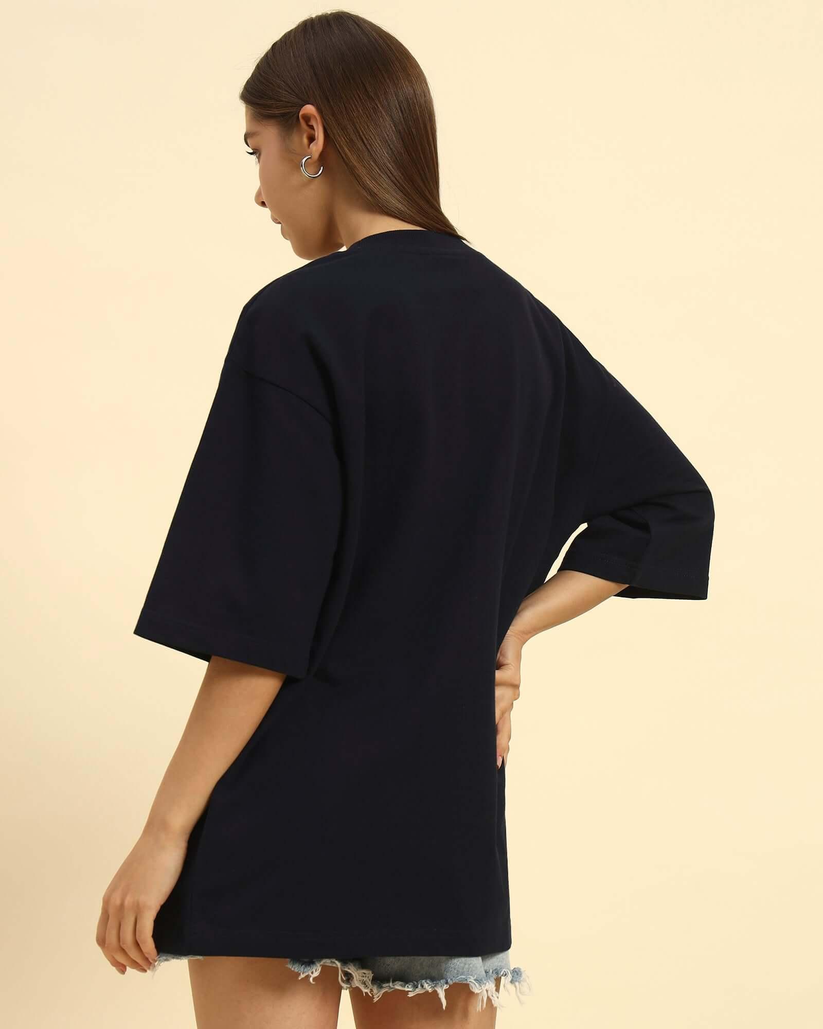 Side and back profile of the Navy Blue Oversized T-Shirt highlighting the heavyweight cotton drape and loose silhouette