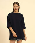 Aeternum Women's Oversized French Terry Crew Neck T-Shirt in Navy Blue - Front view showing the relaxed boxy fit