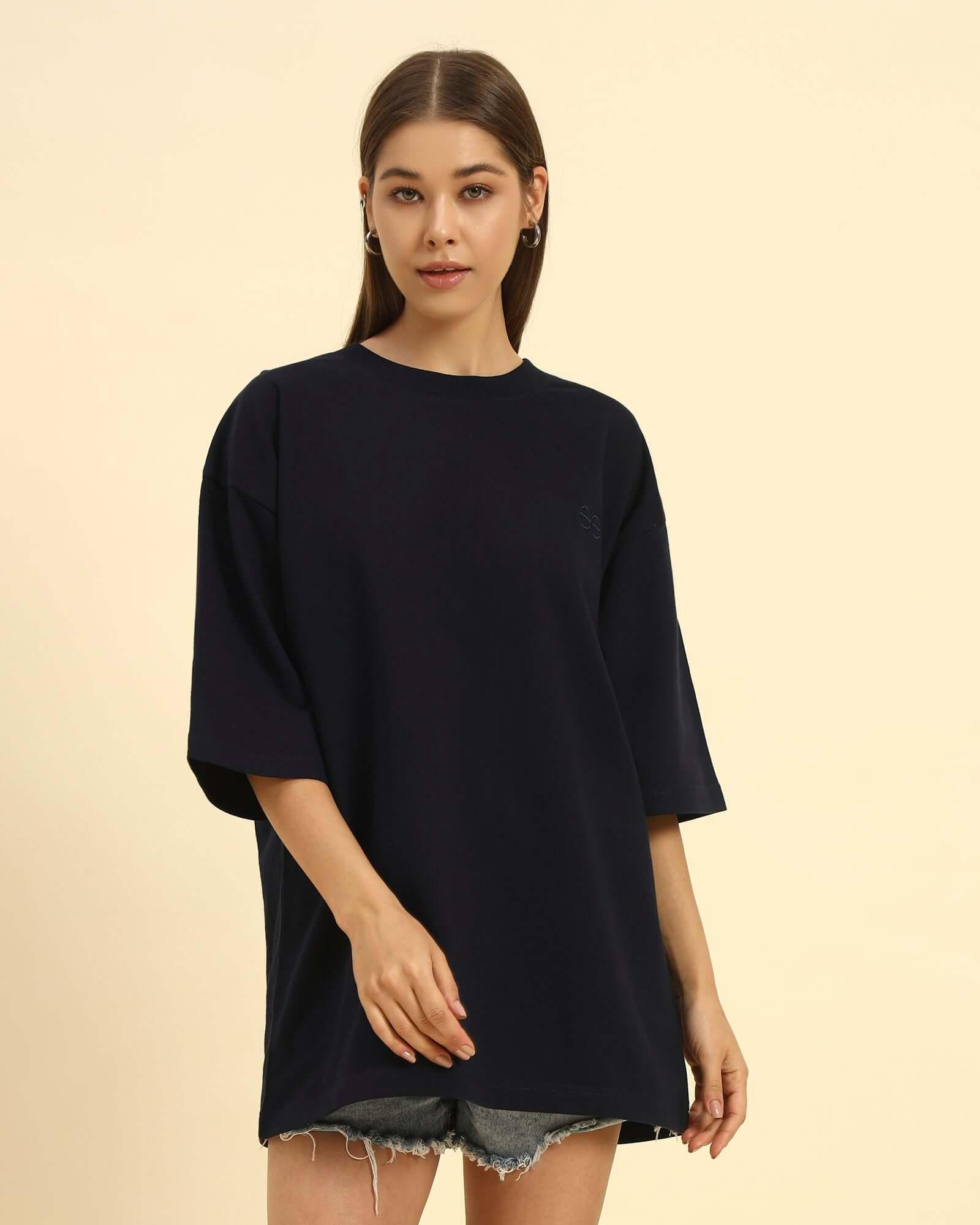 Aeternum Women's Oversized French Terry Crew Neck T-Shirt in Navy Blue - Front view showing the relaxed boxy fit