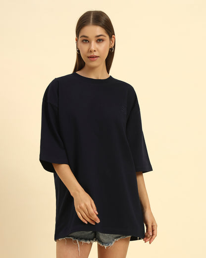 AE Oversized French Terry Crew Neck T-Shirt | Navy Blue | Woman
