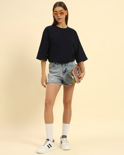 AE Oversized French Terry Crew Neck T-Shirt | Navy Blue | Woman