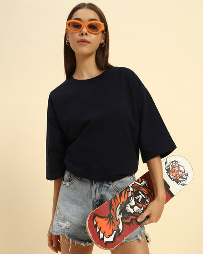 AE Oversized French Terry Crew Neck T-Shirt | Navy Blue | Woman