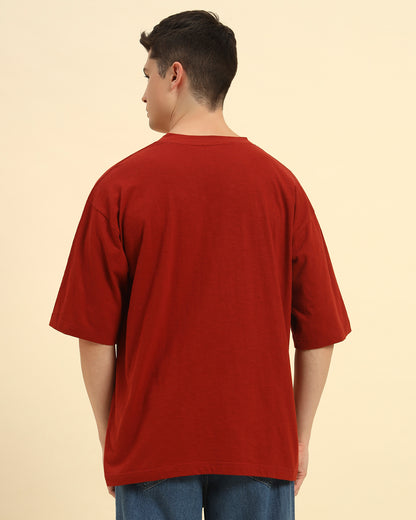 Oversized Cotton Slub V-Neck T-Shirt | Red | Men