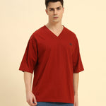 Oversized Cotton Slub V-Neck T-Shirt | Red | Men