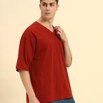 Oversized Cotton Slub V-Neck T-Shirt | Red | Men