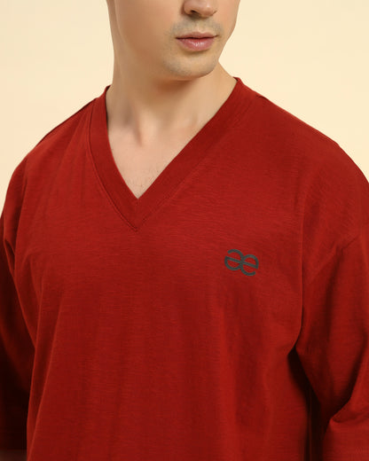 Oversized Cotton Slub V-Neck T-Shirt | Red | Men