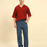 Oversized Cotton Slub V-Neck T-Shirt | Red | Men