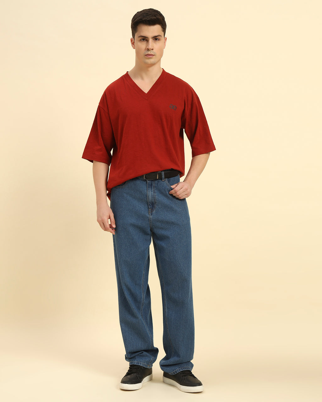 Full body view of the Red Aeternum Cotton Slub V-Neck T-Shirt, showcasing the effortless, modern aesthetic for men.