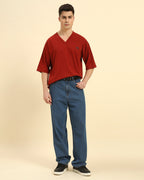 Full body view of the Red Aeternum Cotton Slub V-Neck T-Shirt, showcasing the effortless, modern aesthetic for men.