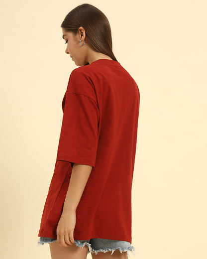 Oversized Cotton Slub V-Neck T-Shirt | Red | Woman