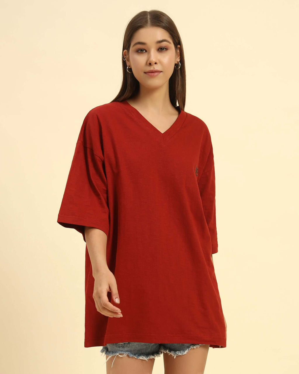 Aeternum Women's Oversized Cotton Slub V-Neck T-Shirt in Red - Front view showing the relaxed drape and V-neckline.