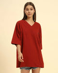 Aeternum Women's Oversized Cotton Slub V-Neck T-Shirt in Red - Front view showing the relaxed drape and V-neckline.