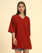 Aeternum Women's Oversized Cotton Slub V-Neck T-Shirt in Red - Front view showing the relaxed drape and V-neckline.