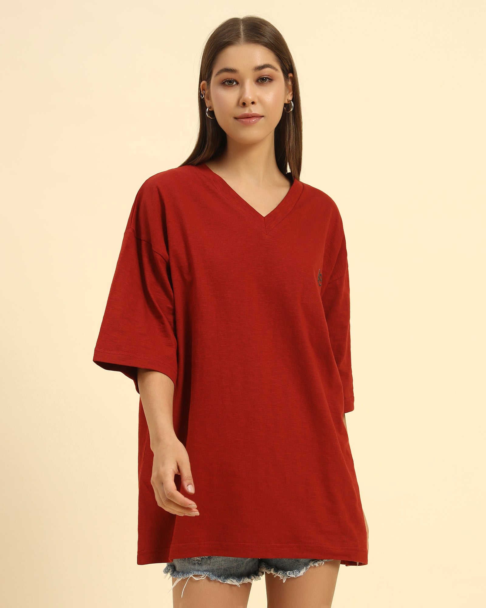 Oversized Cotton Slub V-Neck T-Shirt | Red | Woman