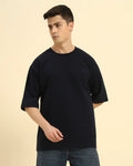 Aeternum Men's Oversized French Terry Crew Neck T-Shirt in Navy Blue - Front view showing the relaxed, boxy streetwear fit.